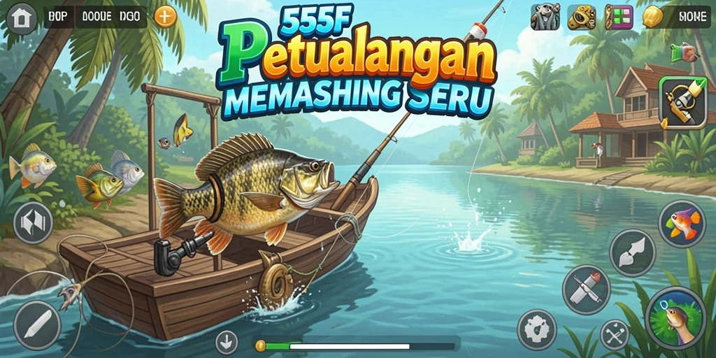 Tampilan gameplay 555F dengan aksi memancing yang mendebarkan.