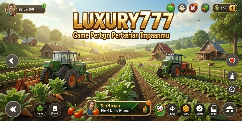 Tampilan gameplay LUXURY777 dengan pertanian yang subur dan aktif.