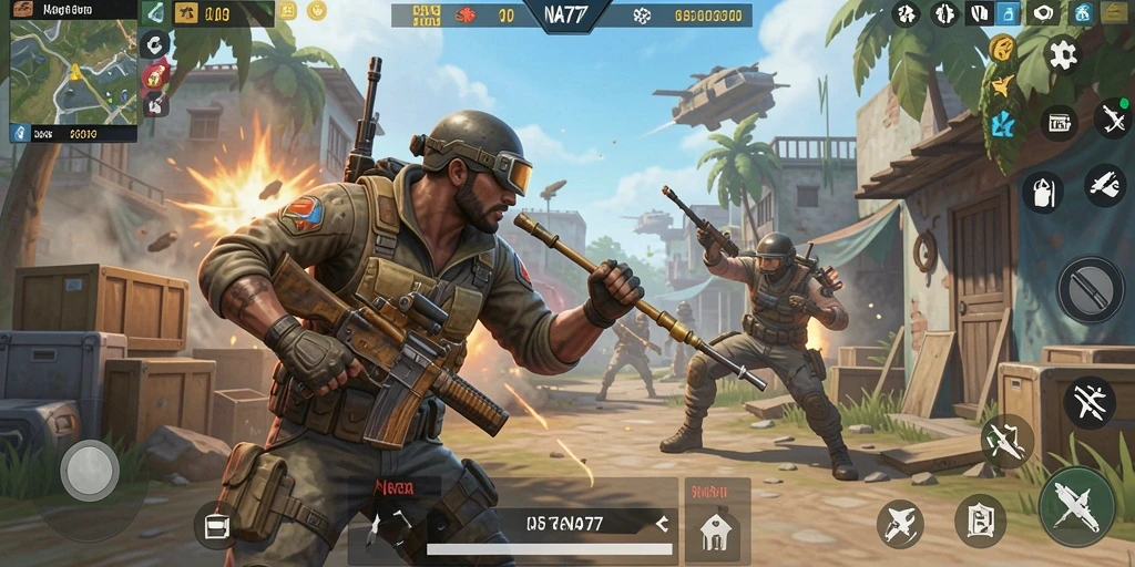 Screenshot NA777 menampilkan aksi intens dalam pertempuran Battle Royale.