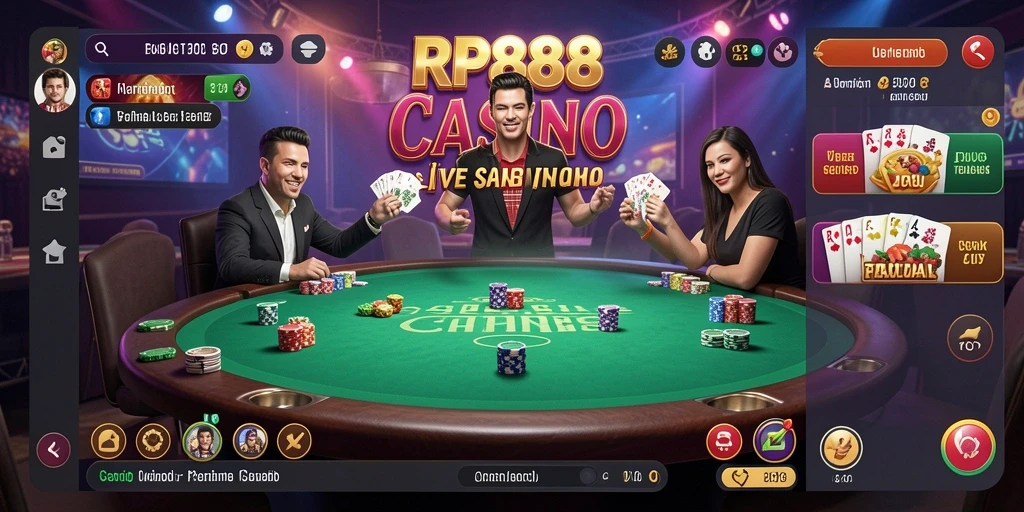 Screenshot utama RP888 menampilkan dealer yang ramah dan gameplay mendebarkan.